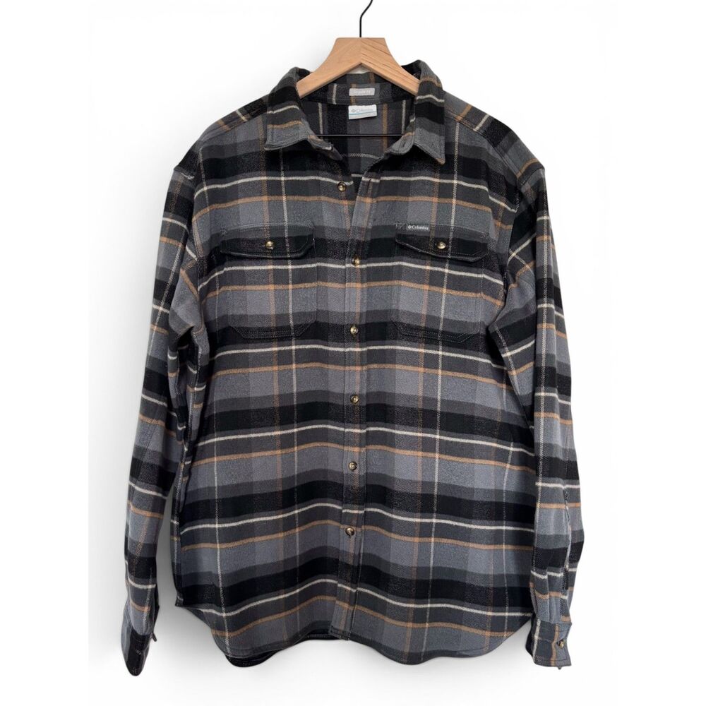 Columbia Men's Fleece Flannel Button Down Jacket Coat Grey Brown Black Size XL